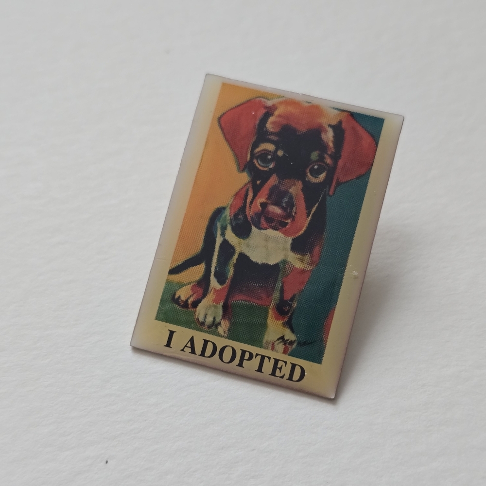 Colorful Puppy 'I Adopted' Pin - Multicolor Enamel Retro Art